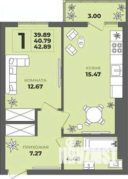 1-к квартира, строящийся дом, 41м2, 7/8 этаж