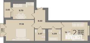 2-к квартира, вторичка, 61м2, 9/9 этаж