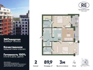 2-к квартира, вторичка, 90м2, 4/10 этаж