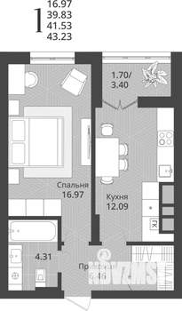 1-к квартира, строящийся дом, 42м2, 5/9 этаж