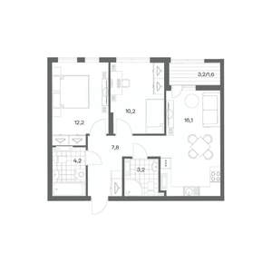 2-к квартира, строящийся дом, 55м2, 6/18 этаж