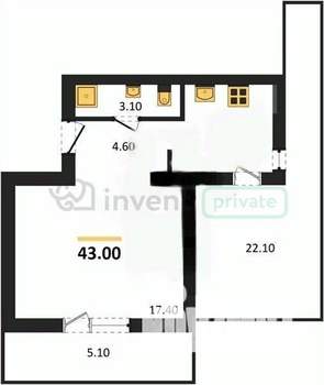 Студия квартира, вторичка, 43м2, 10/12 этаж