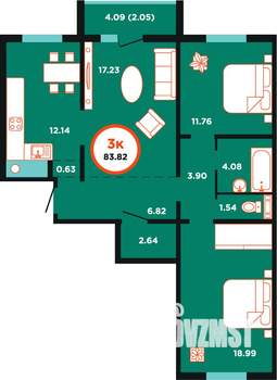 3-к квартира, строящийся дом, 84м2, 4/9 этаж