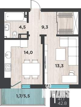 1-к квартира, вторичка, 43м2, 7/8 этаж