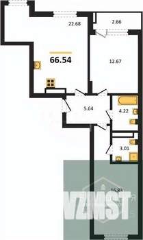 2-к квартира, вторичка, 67м2, 7/9 этаж