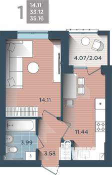 1-к квартира, вторичка, 35м2, 2/4 этаж