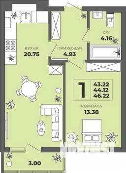 1-к квартира, строящийся дом, 44м2, 1/8 этаж