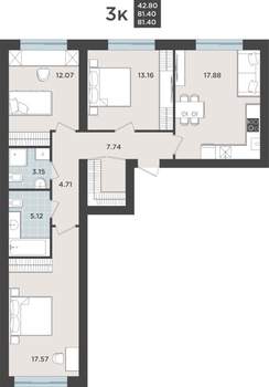 3-к квартира, строящийся дом, 81м2, 1/9 этаж