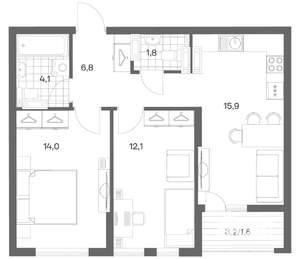 2-к квартира, строящийся дом, 56м2, 16/18 этаж