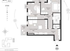 2-к квартира, вторичка, 83м2, 5/7 этаж