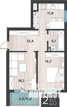 2-к квартира, вторичка, 64м2, 7/9 этаж