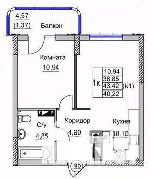1-к квартира, вторичка, 40м2, 6/9 этаж