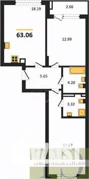 2-к квартира, вторичка, 63м2, 1/9 этаж