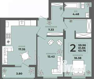 2-к квартира, строящийся дом, 62м2, 7/8 этаж