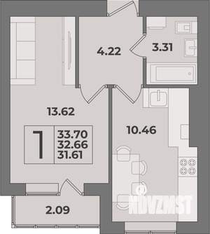 1-к квартира, строящийся дом, 34м2, 7/9 этаж