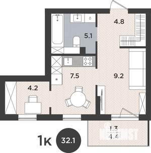 1-к квартира, вторичка, 32м2, 5/9 этаж