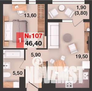 1-к квартира, вторичка, 46м2, 8/15 этаж