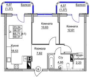 2-к квартира, вторичка, 59м2, 2/9 этаж