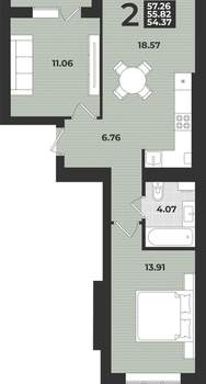 2-к квартира, вторичка, 57м2, 7/9 этаж