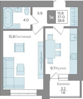 1-к квартира, сданный дом, 37м2, 9/9 этаж