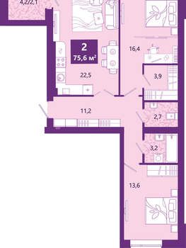 2-к квартира, сданный дом, 77м2, 4/4 этаж