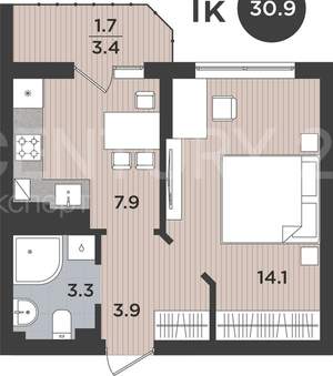 1-к квартира, вторичка, 31м2, 9/10 этаж