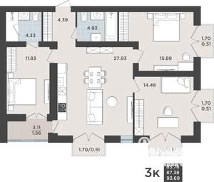 3-к квартира, строящийся дом, 87м2, 9/10 этаж
