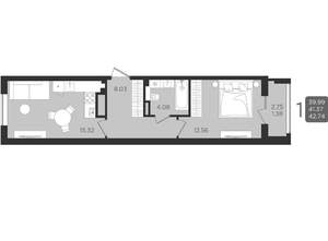1-к квартира, строящийся дом, 41м2, 1/9 этаж