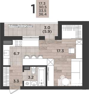 1-к квартира, вторичка, 34м2, 6/12 этаж