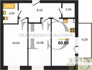 2-к квартира, вторичка, 61м2, 2/4 этаж