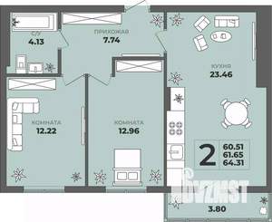 2-к квартира, строящийся дом, 62м2, 8/8 этаж