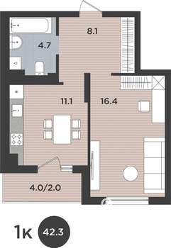 1-к квартира, вторичка, 42м2, 8/9 этаж