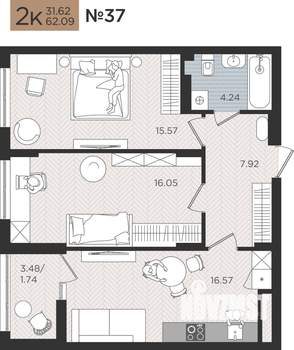 2-к квартира, вторичка, 62м2, 6/10 этаж