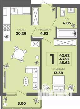 1-к квартира, строящийся дом, 44м2, 2/8 этаж
