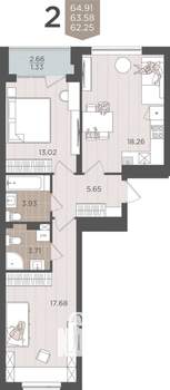 2-к квартира, вторичка, 64м2, 1/9 этаж