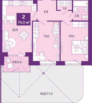 2-к квартира, сданный дом, 75м2, 1/4 этаж