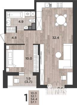 1-к квартира, вторичка, 54м2, 10/12 этаж
