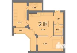 2-к квартира, строящийся дом, 66м2, 7/8 этаж