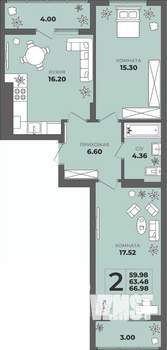 2-к квартира, строящийся дом, 63м2, 5/8 этаж