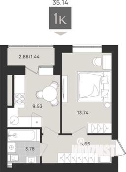1-к квартира, вторичка, 35м2, 5/9 этаж