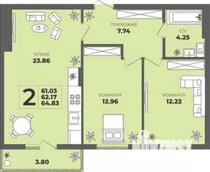 2-к квартира, строящийся дом, 62м2, 1/8 этаж