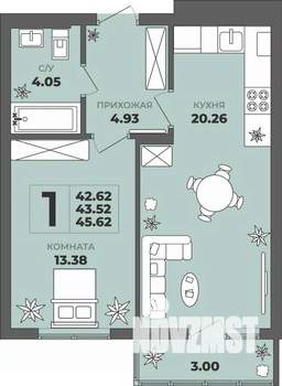 1-к квартира, строящийся дом, 44м2, 8/8 этаж
