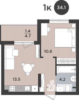 1-к квартира, вторичка, 34м2, 1/9 этаж