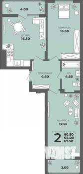 2-к квартира, строящийся дом, 64м2, 1/8 этаж