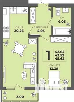1-к квартира, строящийся дом, 44м2, 2/8 этаж