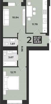 2-к квартира, вторичка, 52м2, 1/9 этаж