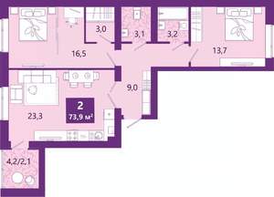 2-к квартира, сданный дом, 75м2, 4/4 этаж