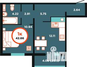 1-к квартира, строящийся дом, 43м2, 3/9 этаж