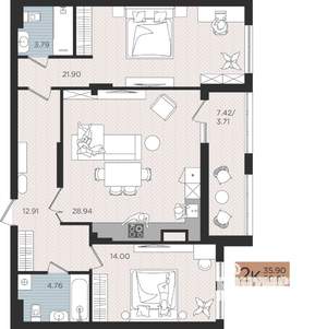2-к квартира, строящийся дом, 90м2, 3/10 этаж
