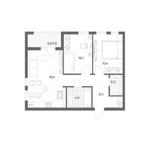 2-к квартира, строящийся дом, 57м2, 2/18 этаж